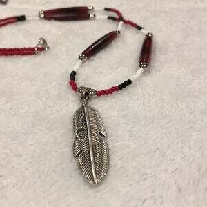 Feather necklace 26” red black and white beads